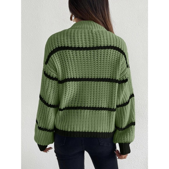 Striped Mock Neck Drop Shoulder turtleneck Sweater cream black - Picture 10 of 11